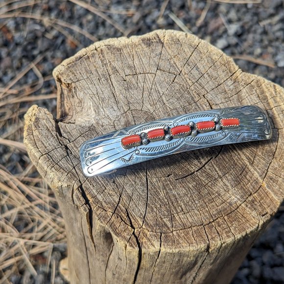 Native American Coral Handmade Hair Pin Accessory Jewelry Barrette Clip** - Picture 5 of 9